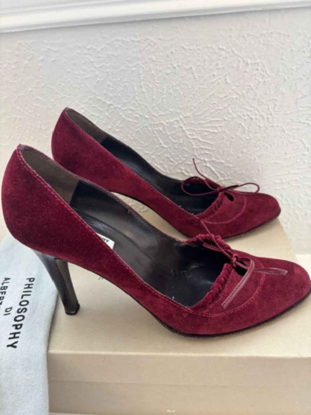 Philosophy di Alberta Ferretti Burgundy Suede Heel Vintage Shoes Size 8